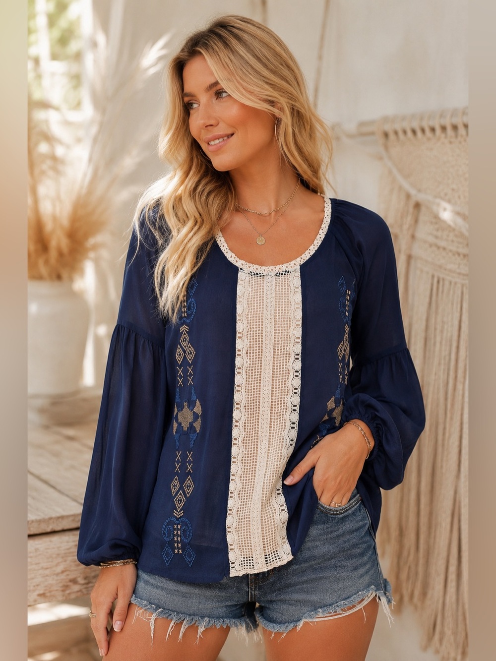 Gimmicks by BKE Navy Blue Boho Embroidered Crochet Lace Peasant Top Blouse